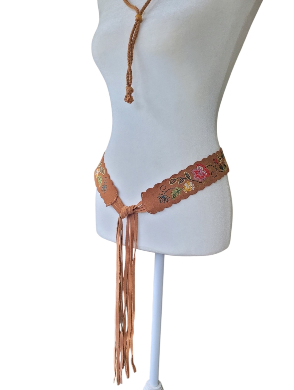 Western Boho Embroidered Suede Fringe Tie Belt - Tan - Picture 2 of 7